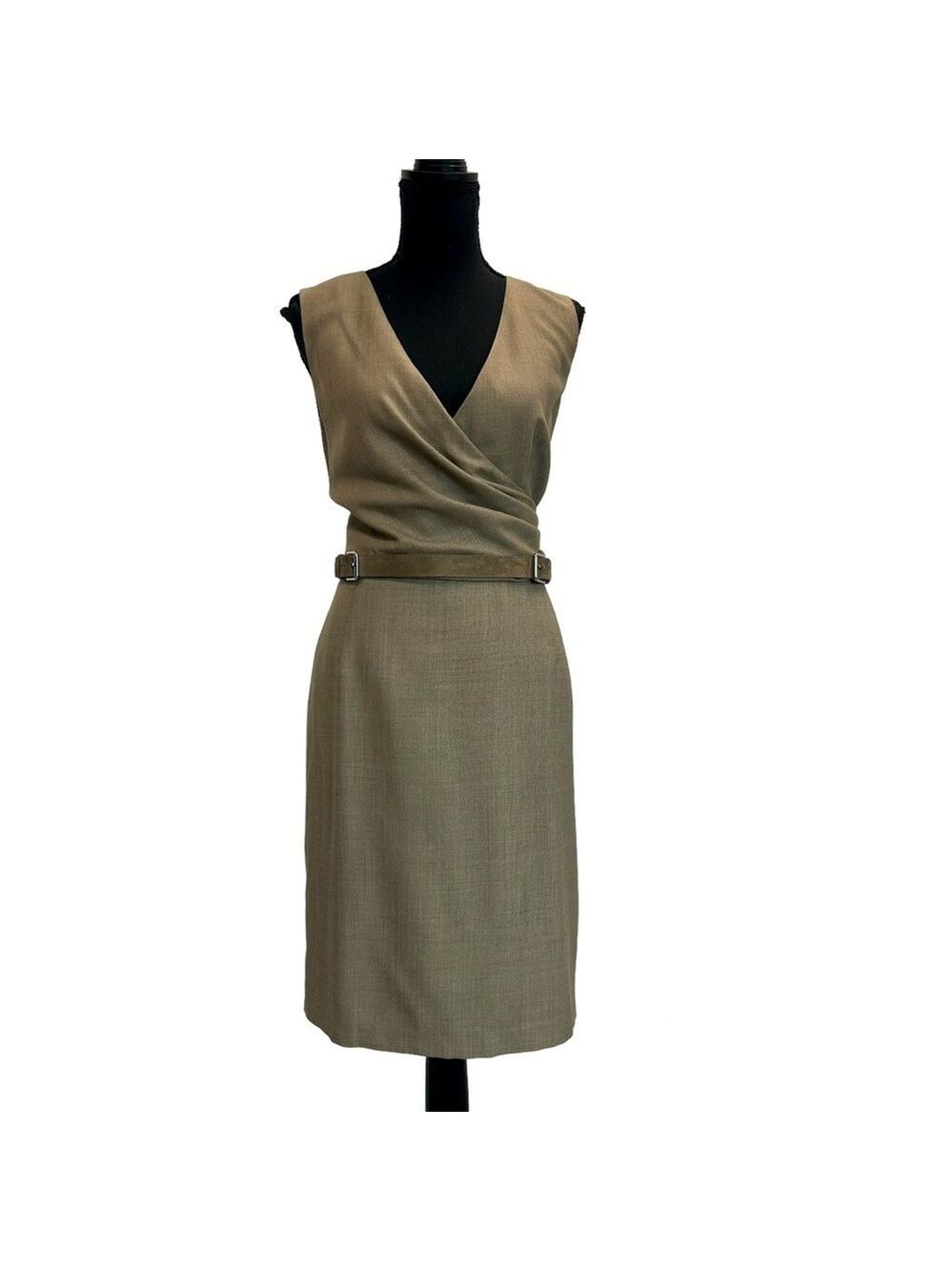 Ralph Lauren tan camel brown sleeveless wool cashmere belted midi dress Sz 10